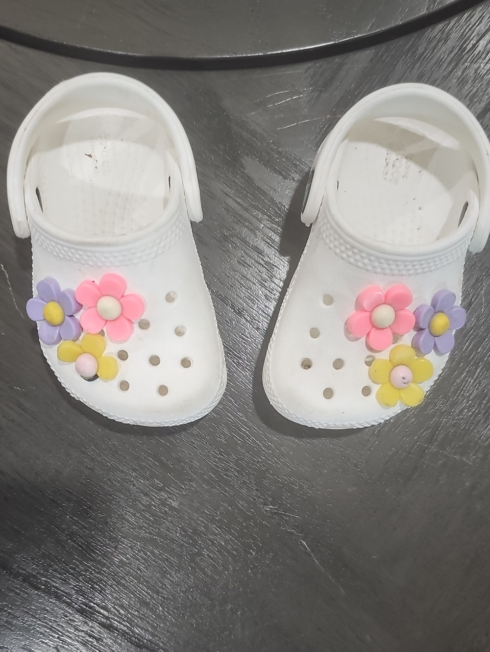 CROCS White Kids Flower Clogs with Pink Purple Yellow Accents